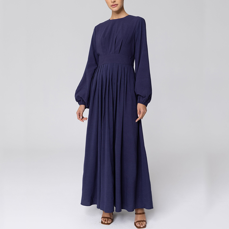 Puff Sleeve Pleatd Linen Muslim Modest Dress - Leading Muslim Fashion ...